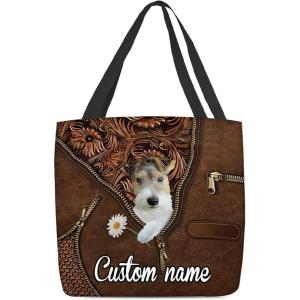 NAZENTI Personalized Dog Tote Bag- Wire Fox Terrier Holding Daisy Tote Bag All Over Printed- Women Tote Bag – Customized Dog Mom Name- Custom Dog Gift for Mother, Dog Lover