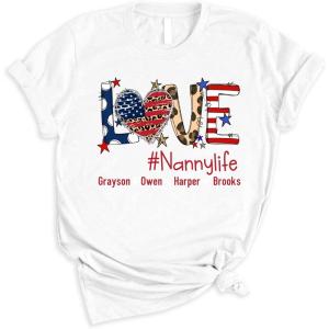 Personalized Nanny Shirt, Love Life Shirts with Grandkids Names, Grandma Tshirts for Women, Women’s Day, Valentine Day Gift Grandma, Birthday Funny Gifts, Small-5X-Large