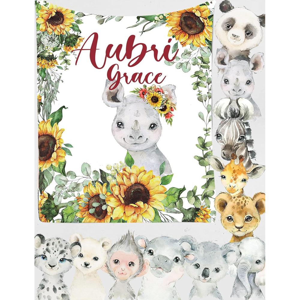 imageNAZENTI Baby Blanket Girl Blanket Boy Blanket Elephant Sunflower Blanket Animal Safari Baby Nursery Personalize Baby Blanket Twins Swaddle Name Blanket 30X40 50X60 60X80Rhino