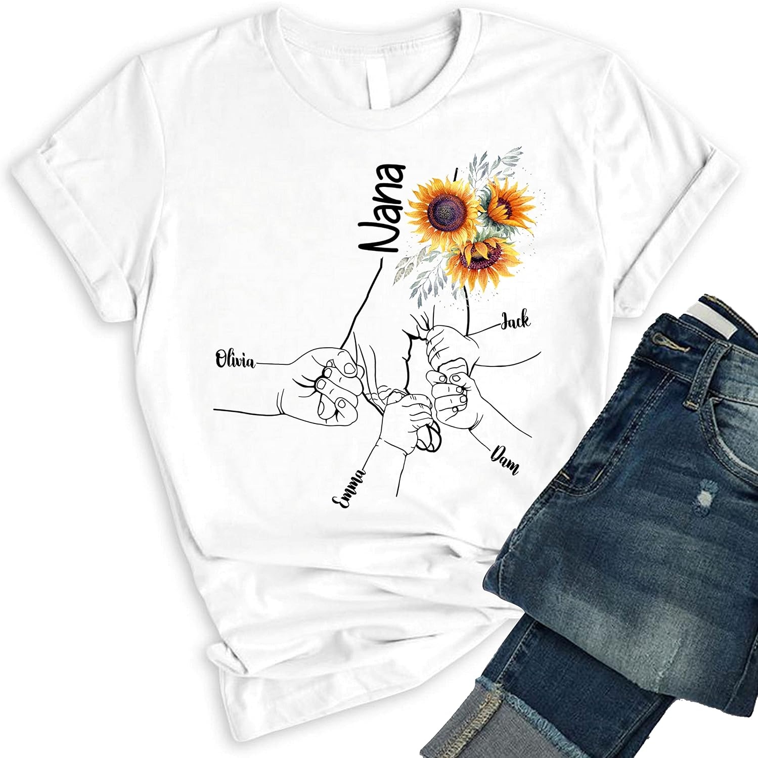 image:imageNAZENTI Personalized Patchwork Floral Mama Sweatshirt Custom Grandma Sweatshirt with Name on Sleeve Mothers Day Shirt GiftsSunflower 4 Hands