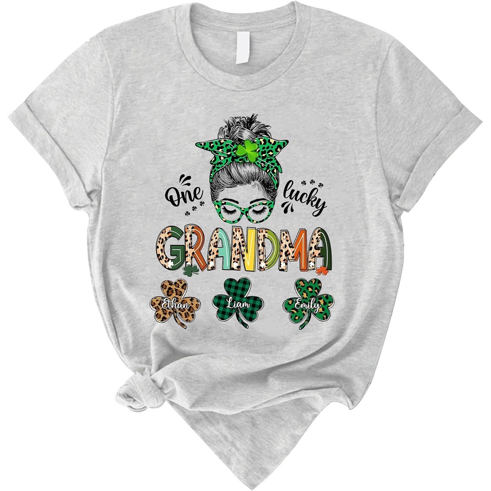 image:imagePersonalized Grandma Shirt One Lucky Grandma Mom Messy Bun Shamrock Leopard Mimi Shirt with Grandkid Names Messi Burn ST Patrick Days TShirt Long Sleeve Sweashirt Hoodie