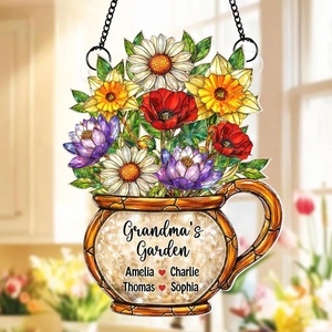 NAZENTI Personalized Grandmas Garden Stained Glass Suncatcher with Birth Month Flowers, Custom Mom’s Garden Window Hanging Ornament, Mothers Day Grandma Mom Gifts, Gifts for Nana Mimi(Design 11)