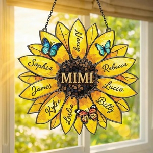 NAZENTI Personalized Grandmas Garden Stained Glass Suncatcher with Birth Month Flowers, Custom Mom’s Garden Window Hanging Ornament, Mothers Day Grandma Mom Gifts, Gifts for Nana Mimi(Design 16)