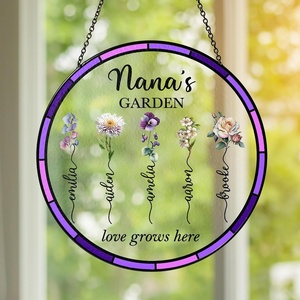 NAZENTI Personalized Grandmas Garden Stained Glass Suncatcher with Birth Month Flowers, Custom Mom’s Garden Window Hanging Ornament, Mothers Day Grandma Mom Gifts, Gifts for Nana Mimi(Design 5-nana)