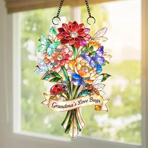 NAZENTI Personalized Grandmas Garden Stained Glass Suncatcher with Birth Month Flowers, Custom Mom’s Garden Window Hanging Ornament, Mothers Day Grandma Mom Gifts, Gifts for Nana Mimi(Design 13)