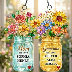 NAZENTI Personalized Grandmas Garden Stained Glass Suncatcher with Birth Month Flowers, Custom Mom’s Garden Window Hanging Ornament, Mothers Day Grandma Mom Gifts, Gifts for Nana Mimi(Design 10)
