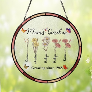 NAZENTI Personalized Grandmas Garden Stained Glass Suncatcher with Birth Month Flowers, Custom Mom’s Garden Window Hanging Ornament, Mothers Day Grandma Mom Gifts, Gifts for Nana Mimi(Design 3-mom)
