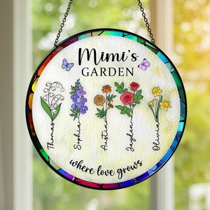 NAZENTI Personalized Grandmas Garden Stained Glass Suncatcher with Birth Month Flowers, Custom Mom’s Garden Window Hanging Ornament, Mothers Day Grandma Mom Gifts, Gifts for Nana Mimi(Design 4-mimi)