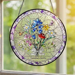 NAZENTI Personalized Grandmas Garden Stained Glass Suncatcher with Birth Month Flowers, Custom Mom’s Garden Window Hanging Ornament, Mothers Day Grandma Mom Gifts, Gifts for Nana Mimi(Design 14)