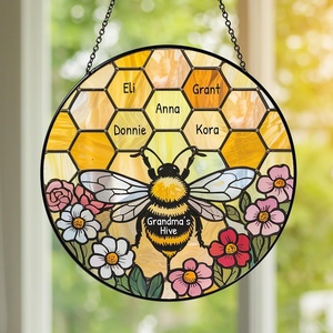 NAZENTI Personalized Grandmas Garden Stained Glass Suncatcher with Birth Month Flowers, Custom Mom’s Garden Window Hanging Ornament, Mothers Day Grandma Mom Gifts, Gifts for Nana Mimi(Design 1-grandma)