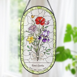 NAZENTI Personalized Grandmas Garden Stained Glass Suncatcher with Birth Month Flowers, Custom Mom’s Garden Window Hanging Ornament, Mothers Day Grandma Mom Gifts, Gifts for Nana Mimi(Design 15)