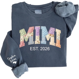 NAZENTI Personalized Patchwork Floral Mama Sweatshirt, Custom Grandma Sweatshirt with Name on Sleeve, Mothers Day Shirt Gifts(Mimi)