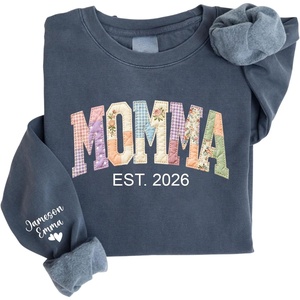 NAZENTI Personalized Patchwork Floral Mama Sweatshirt, Custom Grandma Sweatshirt with Name on Sleeve, Mothers Day Shirt Gifts(Momma)