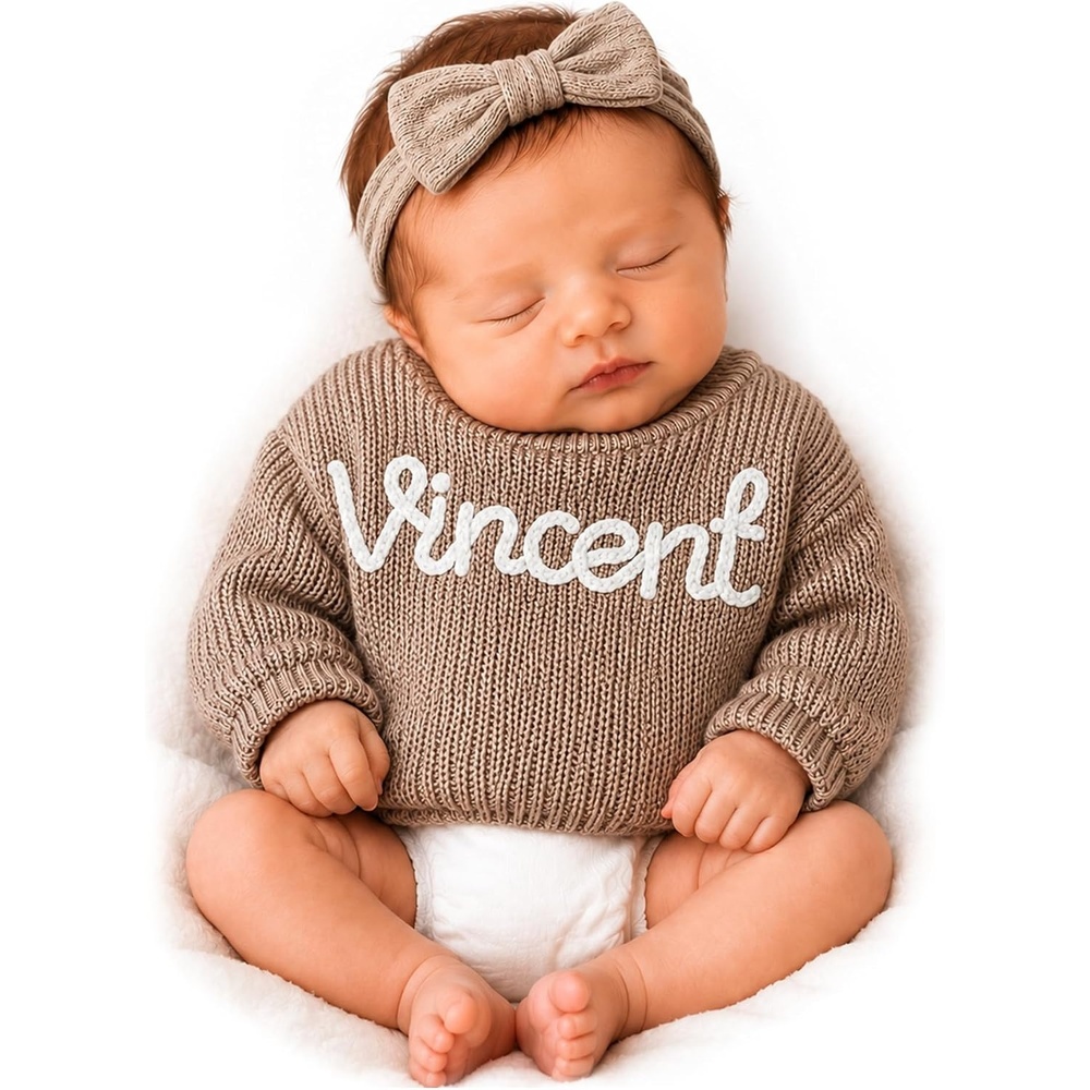 image:imageNAZENTI Baby Sweater Custom Halloween Baby Sweater Personalized Knit Sweater for Newborn Boys Girls with Hand EmbroideredK0101