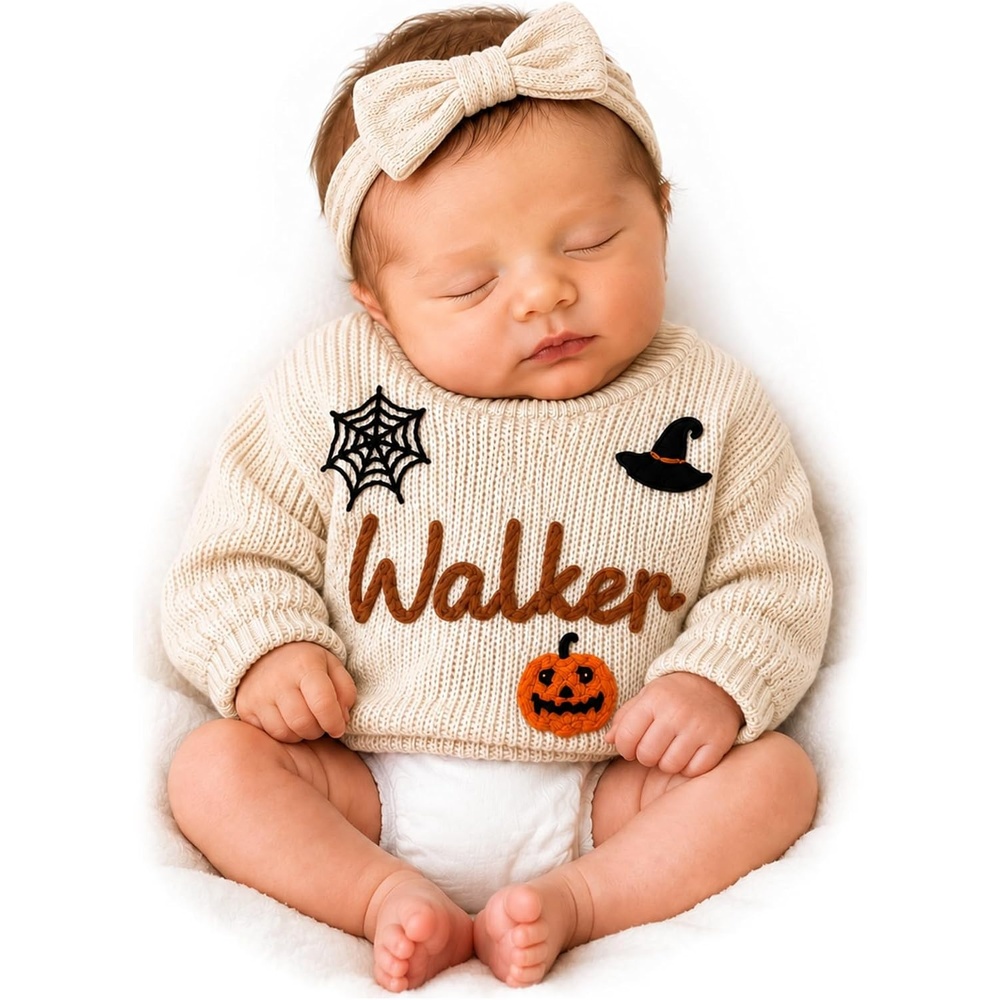 image:imageNAZENTI Baby Sweater Custom Halloween Baby Sweater Personalized Knit Sweater for Newborn Boys Girls with Hand EmbroideredStyle 2