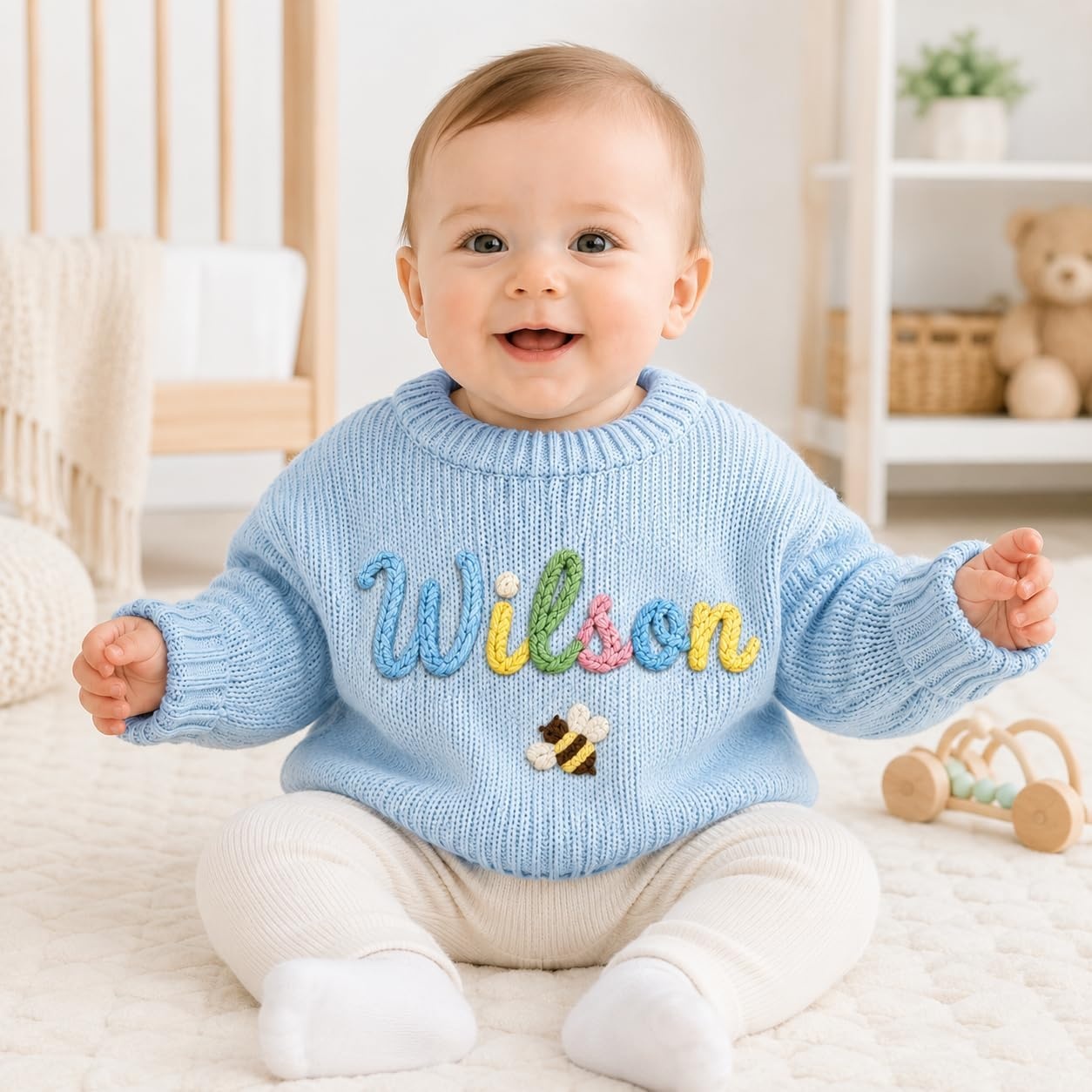 image:imageNAZENTI Personalized Baby Sweater with Name Custom HandEmbroidered Knit Pullover for Newborn Infant Toddler Girl Boy OutfitMulticolories