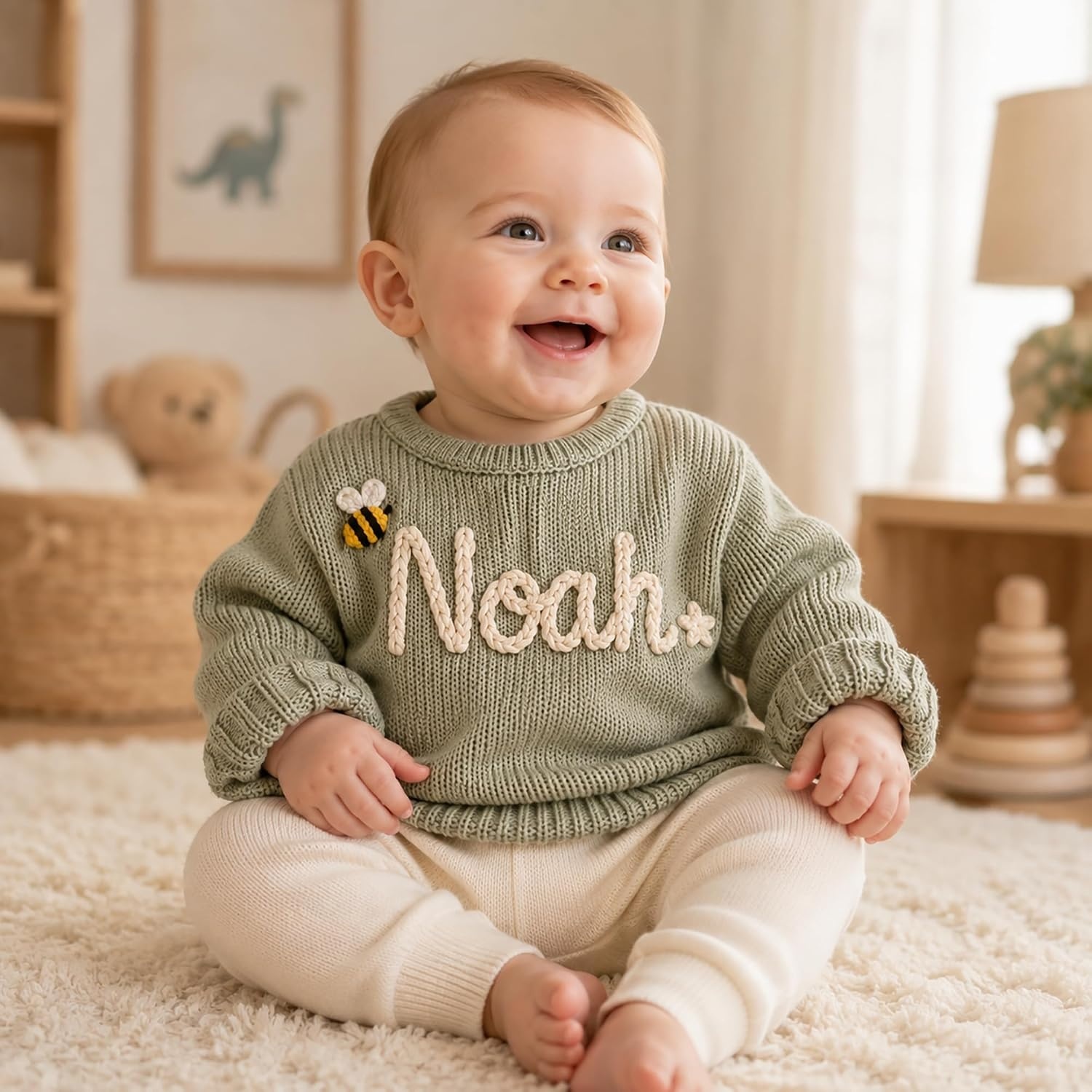 image:imageNAZENTI Personalized Baby Sweater with Name Custom HandEmbroidered Knit Pullover for Newborn Infant Toddler Girl Boy OutfitSweater Ds1