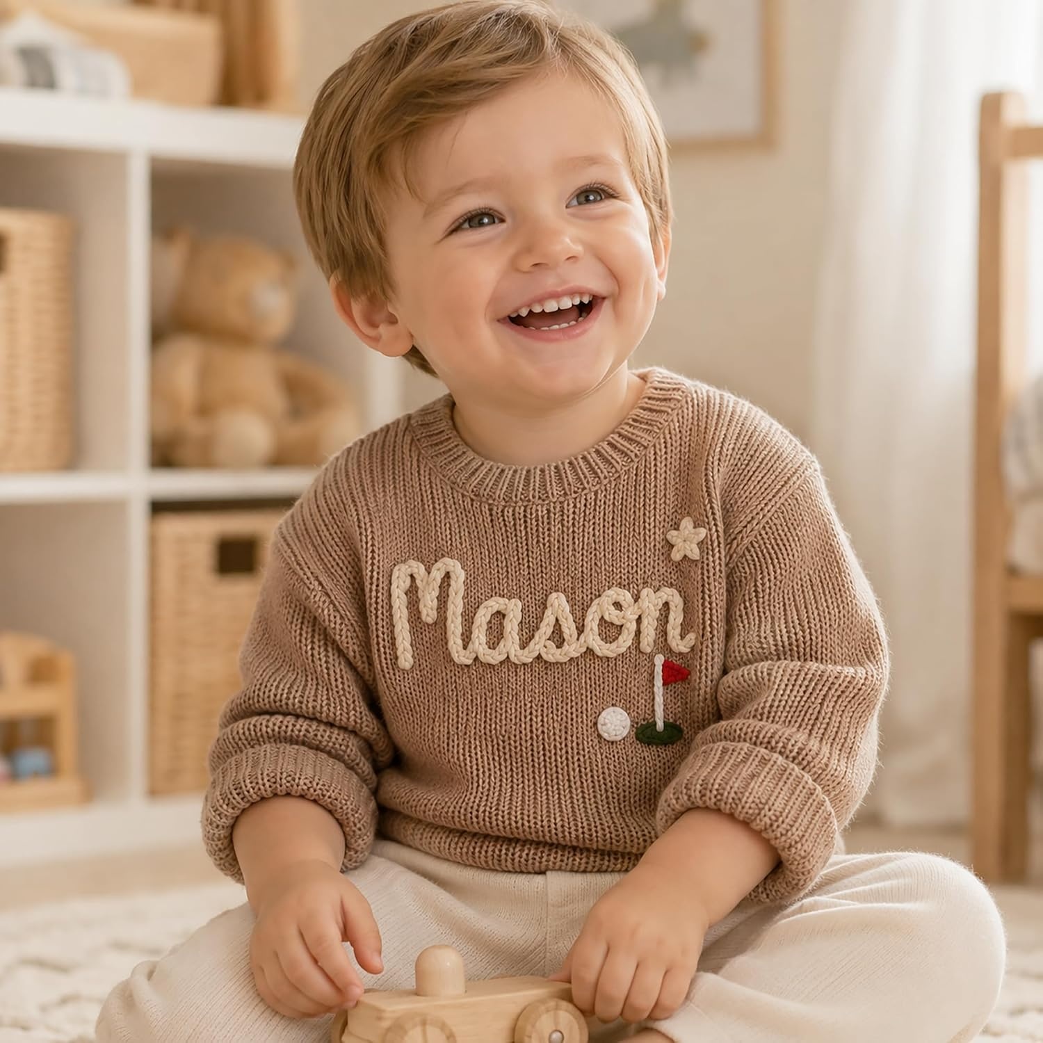 image:imageNAZENTI Personalized Baby Sweater with Name Custom HandEmbroidered Knit Pullover for Newborn Infant Toddler Girl Boy OutfitSweater Ds1