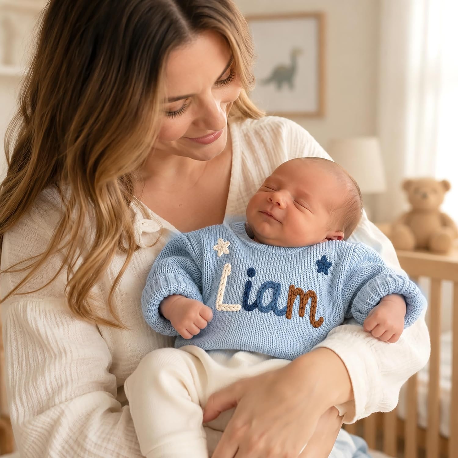 image:imageNAZENTI Personalized Baby Sweater with Name Custom HandEmbroidered Knit Pullover for Newborn Infant Toddler Girl Boy OutfitSweater Ds1