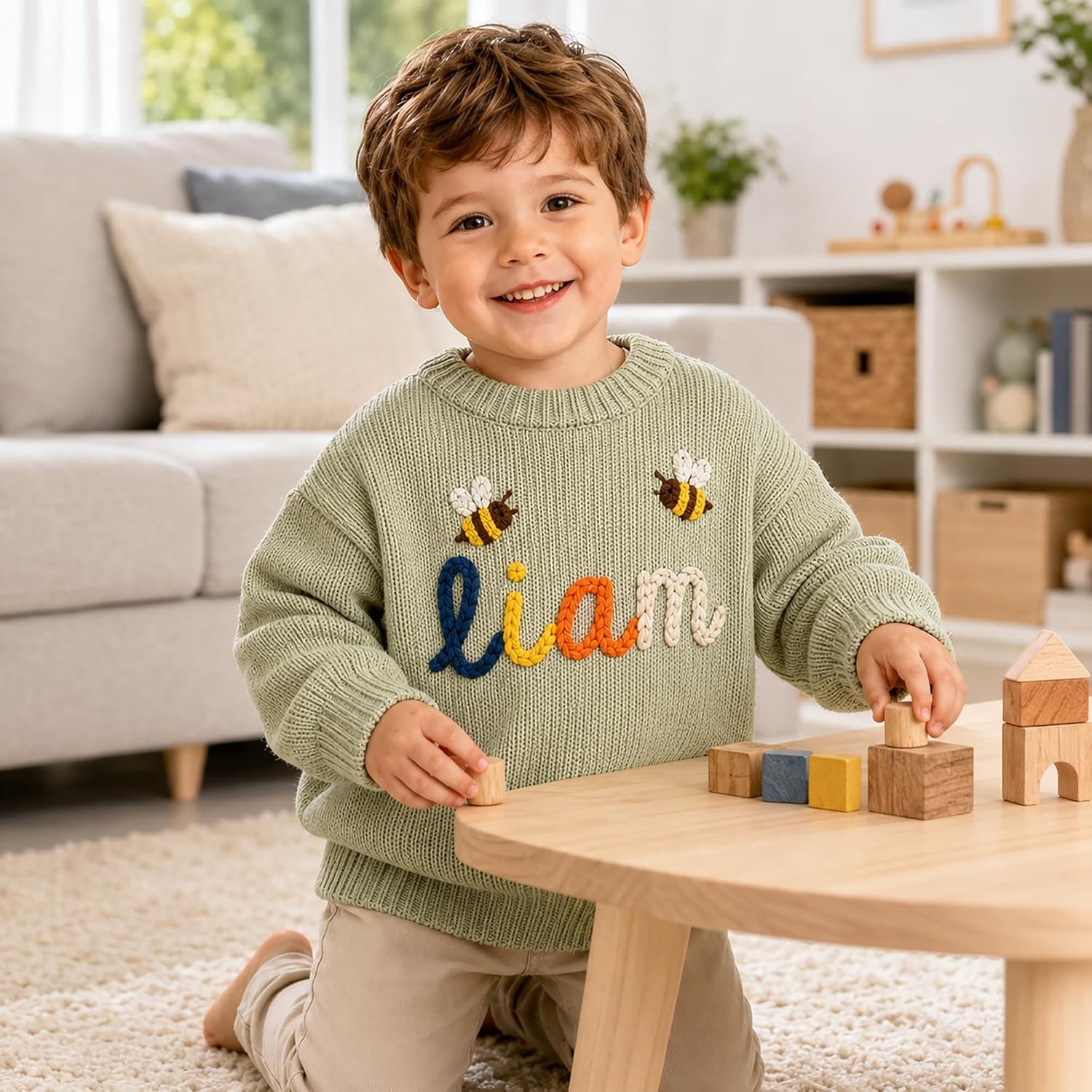 image:imageNAZENTI Personalized Baby Sweater with Name Custom HandEmbroidered Knit Pullover for Newborn Infant Toddler Girl Boy OutfitSweater Ds2