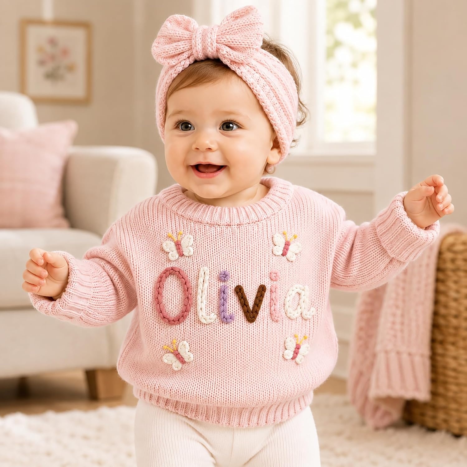 image:imageNAZENTI Personalized Baby Sweater with Name Custom HandEmbroidered Knit Pullover for Newborn Infant Toddler Girl Boy OutfitSweater Ds2