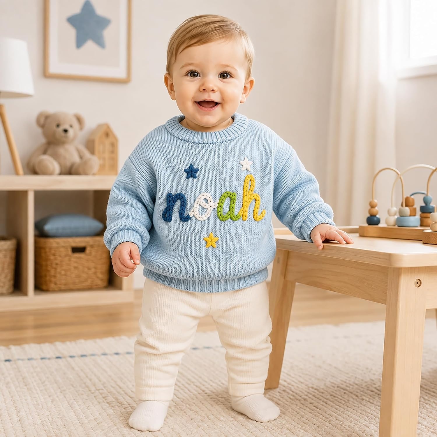 image:imageNAZENTI Personalized Baby Sweater with Name Custom HandEmbroidered Knit Pullover for Newborn Infant Toddler Girl Boy OutfitSweater Ds2