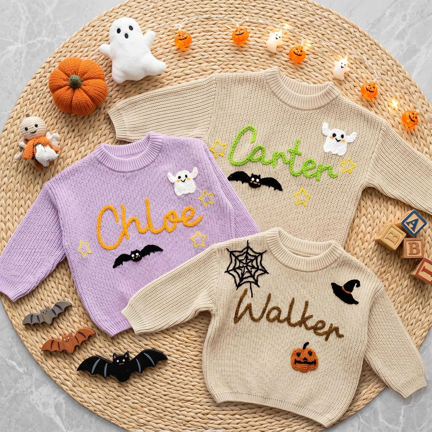 image:imageNAZENTI Personalized Baby Sweater with Name Custom HandEmbroidered Knit Pullover for Newborn Infant Toddler Girl Boy OutfitSweater Ds4Halloween
