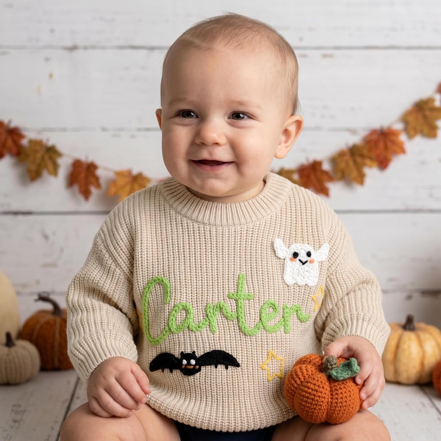 image:imageNAZENTI Personalized Baby Sweater with Name Custom HandEmbroidered Knit Pullover for Newborn Infant Toddler Girl Boy OutfitSweater Ds4Halloween