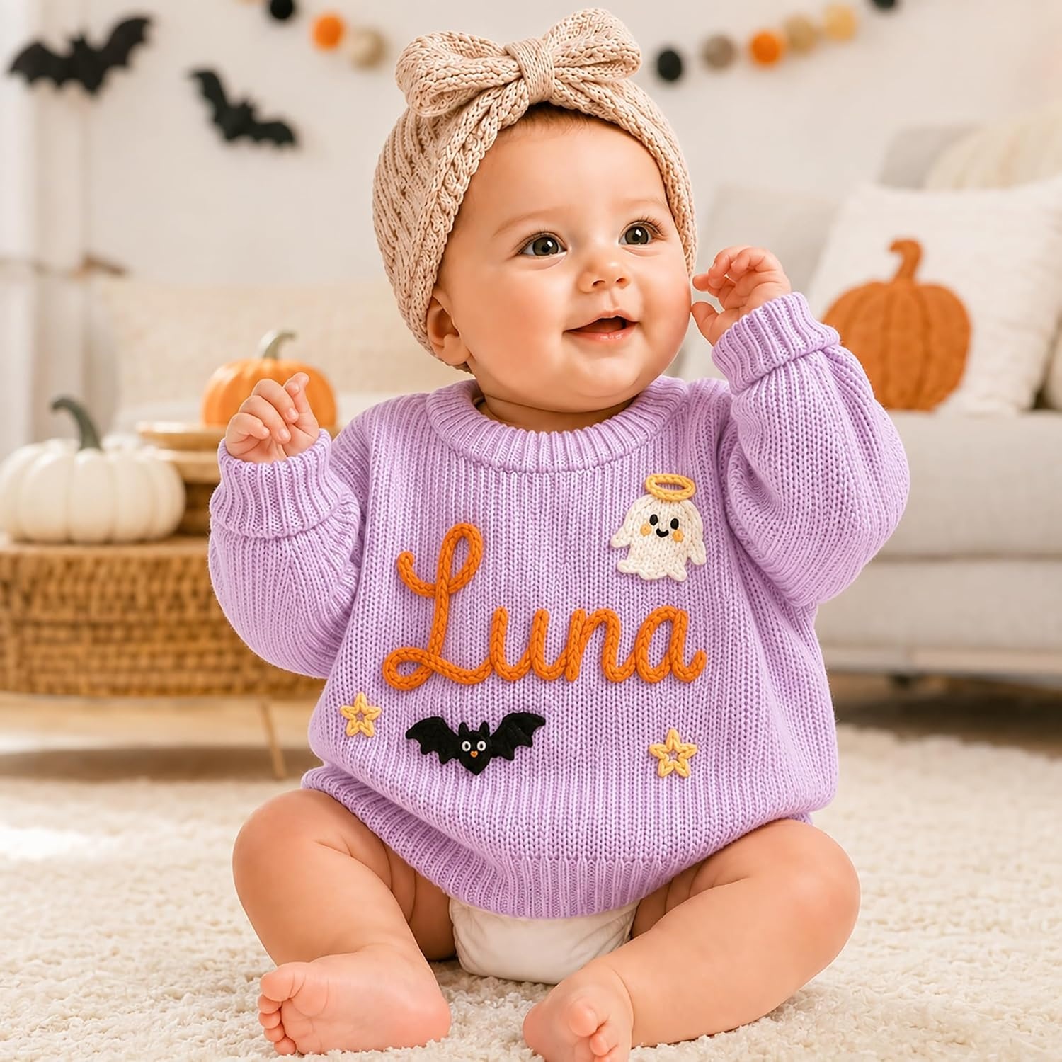 image:imageNAZENTI Personalized Baby Sweater with Name Custom HandEmbroidered Knit Pullover for Newborn Infant Toddler Girl Boy OutfitSweater Ds4Halloween
