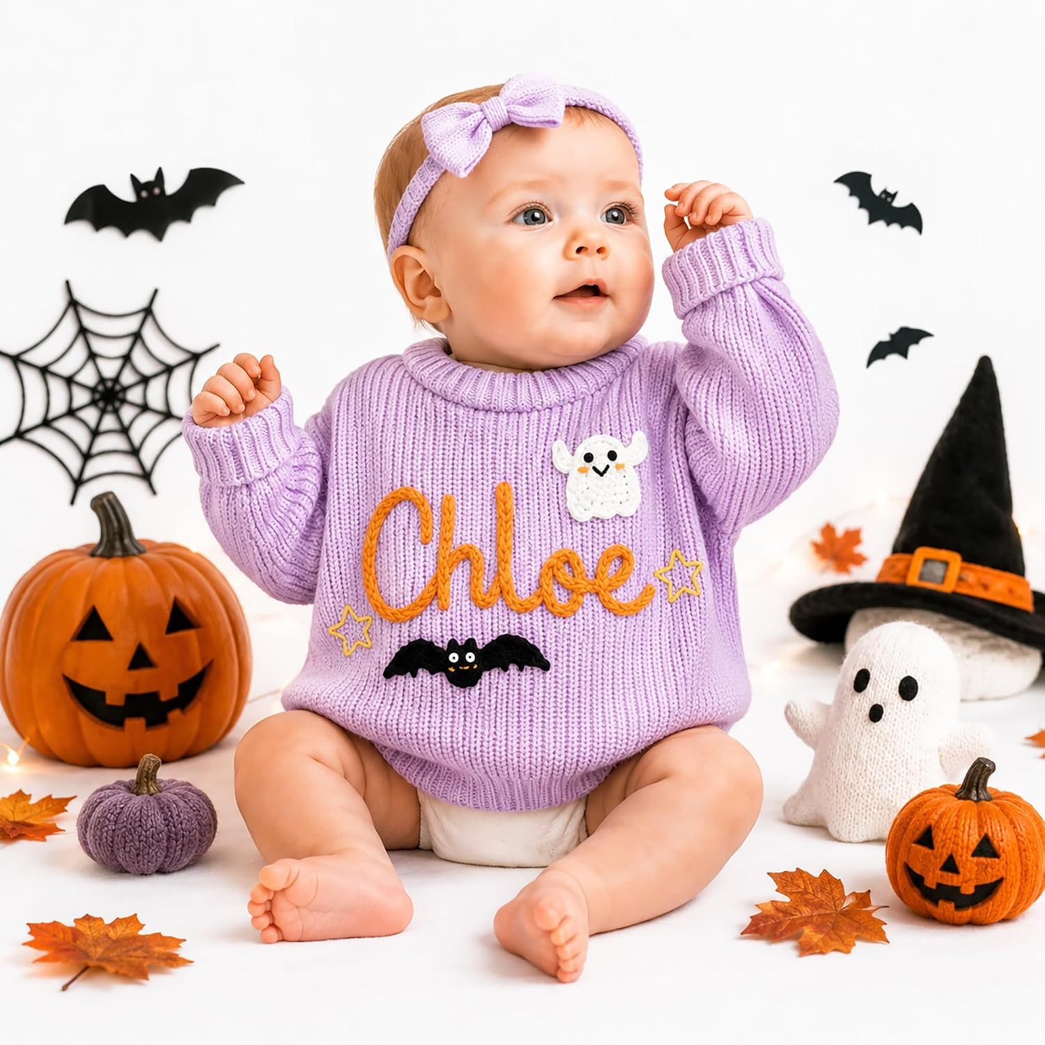 image:imageNAZENTI Personalized Baby Sweater with Name Custom HandEmbroidered Knit Pullover for Newborn Infant Toddler Girl Boy OutfitSweater Ds4Halloween