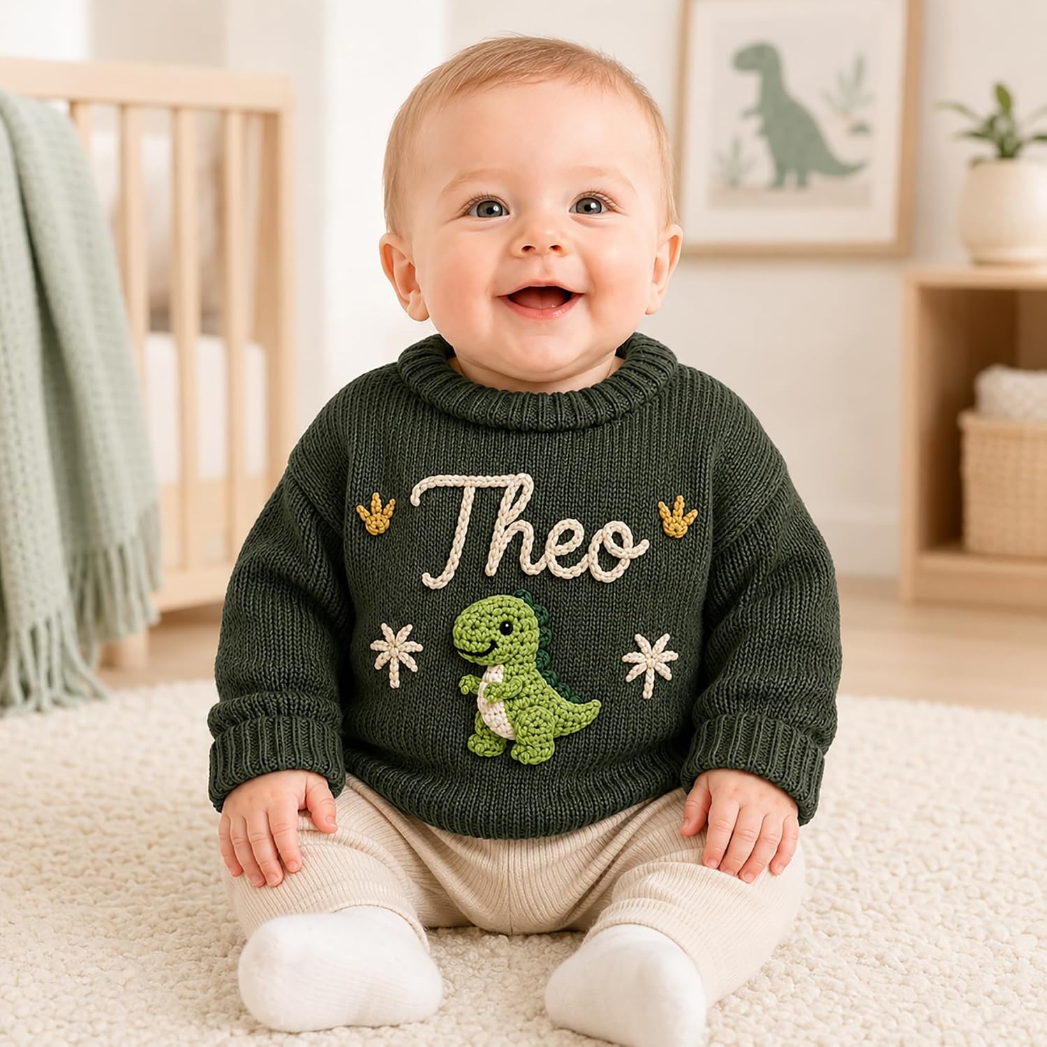 image:imageNAZENTI Personalized Baby Sweater with Name Custom HandEmbroidered Knit Pullover for Newborn Infant Toddler Girl Boy OutfitSweaterDinosaur