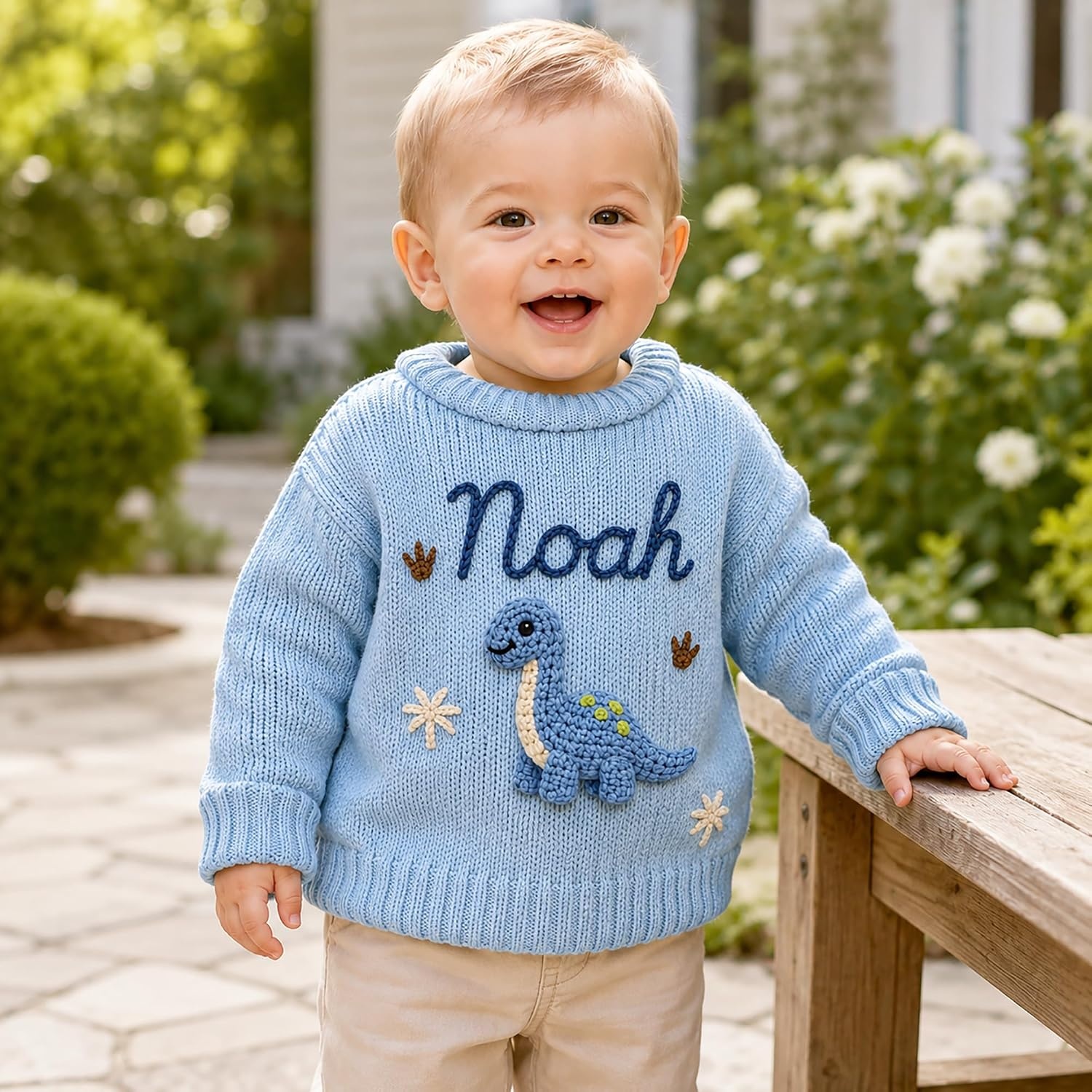 image:imageNAZENTI Personalized Baby Sweater with Name Custom HandEmbroidered Knit Pullover for Newborn Infant Toddler Girl Boy OutfitSweaterDinosaur