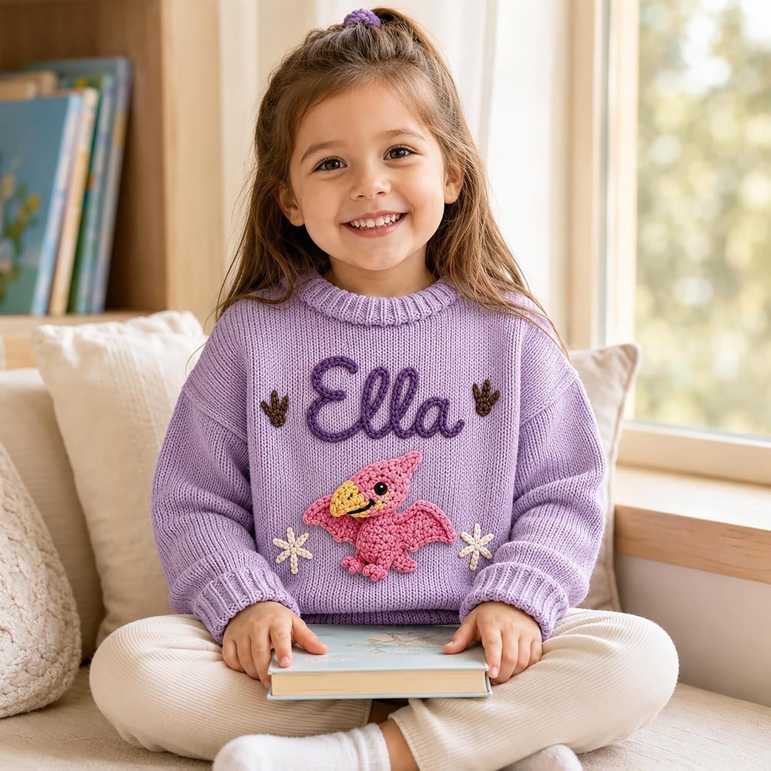 image:imageNAZENTI Personalized Baby Sweater with Name Custom HandEmbroidered Knit Pullover for Newborn Infant Toddler Girl Boy OutfitSweaterDinosaur