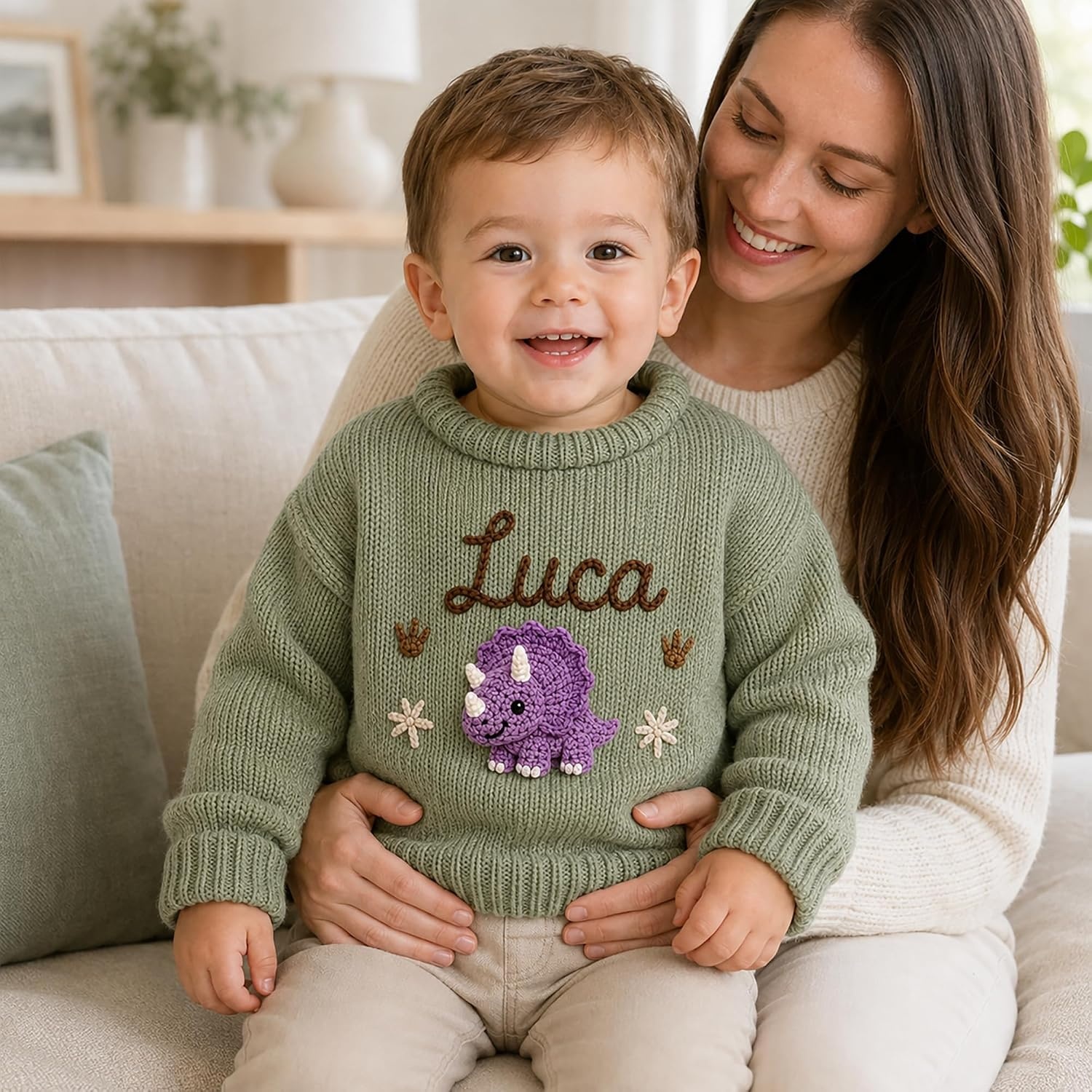 image:imageNAZENTI Personalized Baby Sweater with Name Custom HandEmbroidered Knit Pullover for Newborn Infant Toddler Girl Boy OutfitSweaterDinosaur