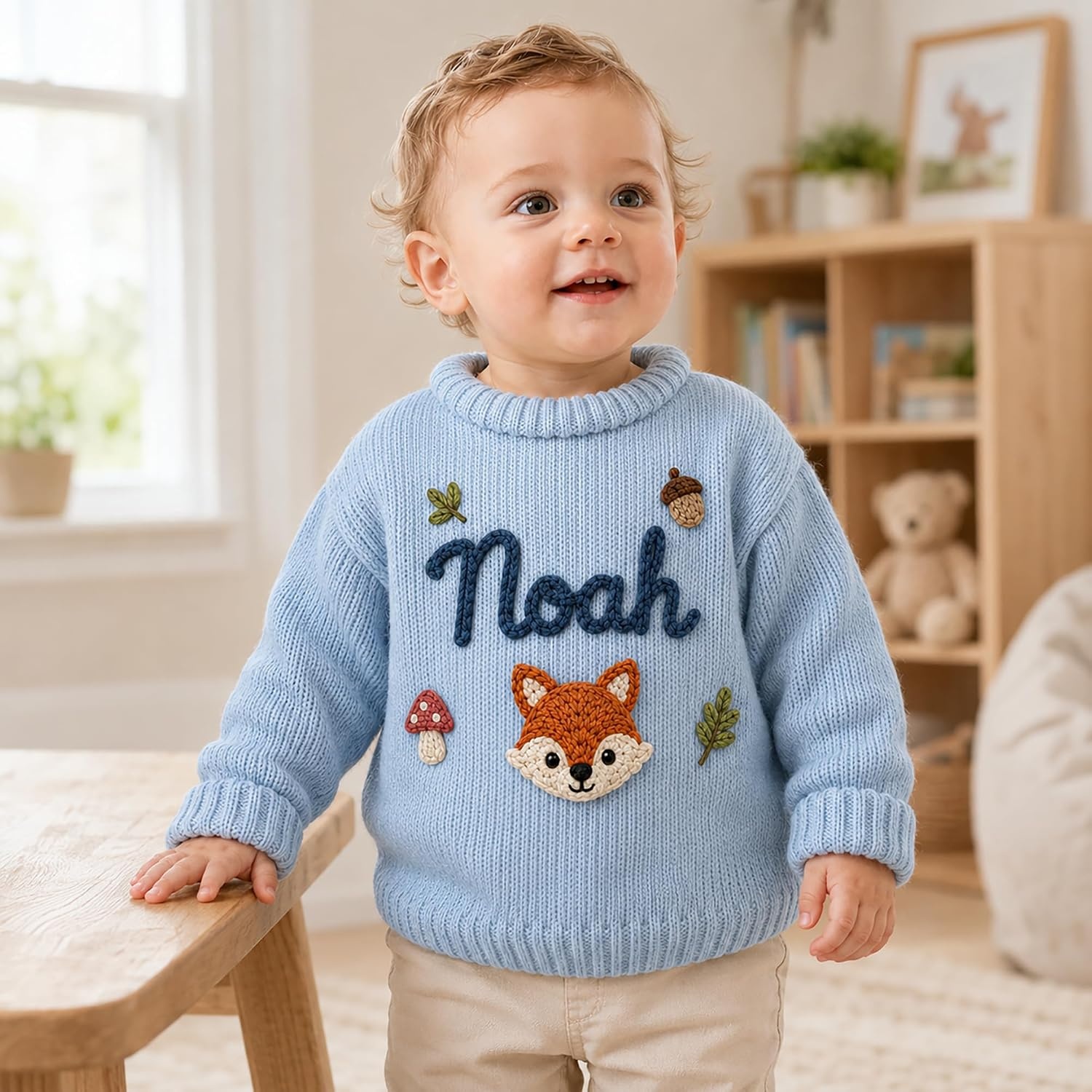 image:imageNAZENTI Personalized Baby Sweater with Name Custom HandEmbroidered Knit Pullover for Newborn Infant Toddler Girl Boy OutfitSweaterWoodland