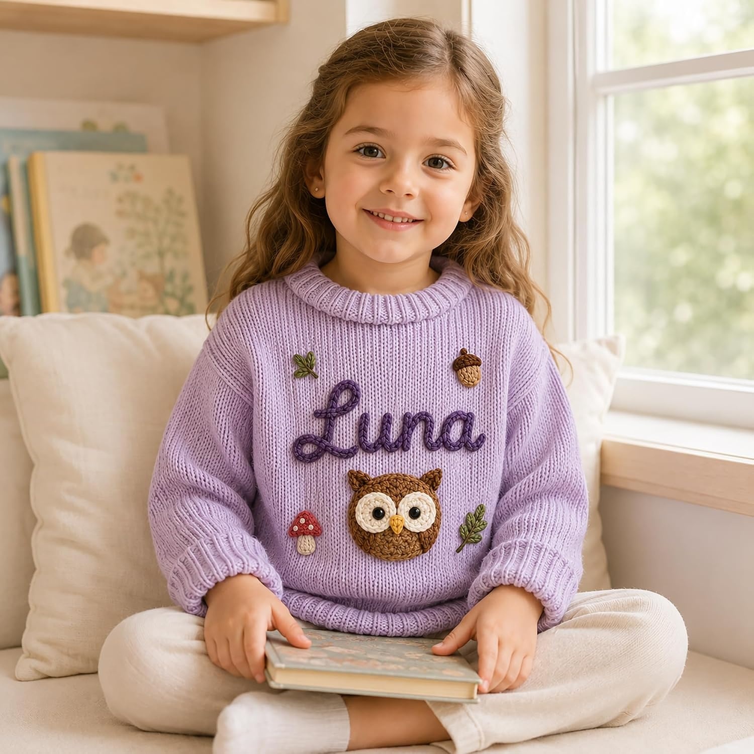 image:imageNAZENTI Personalized Baby Sweater with Name Custom HandEmbroidered Knit Pullover for Newborn Infant Toddler Girl Boy OutfitSweaterWoodland