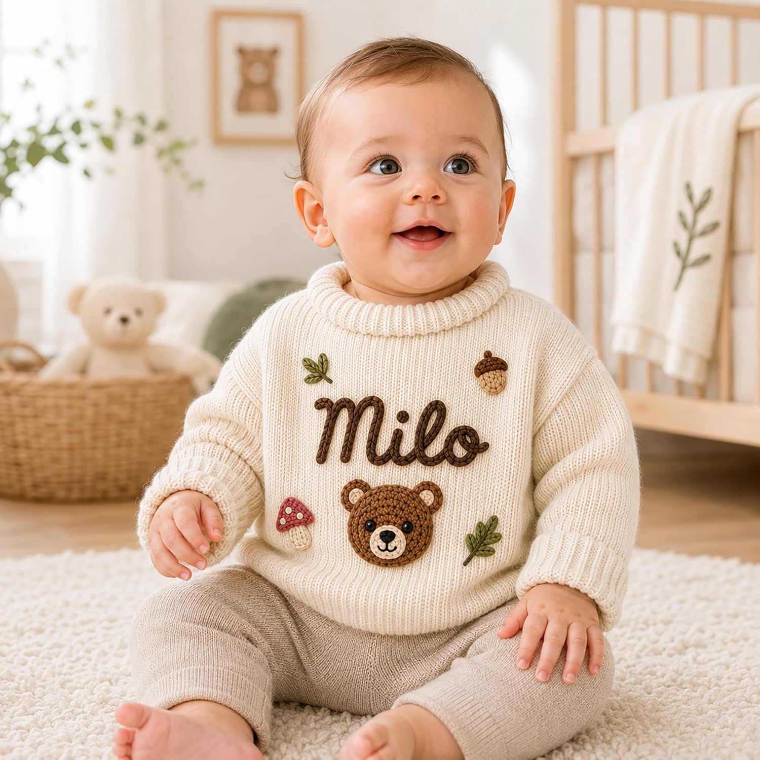 image:imageNAZENTI Personalized Baby Sweater with Name Custom HandEmbroidered Knit Pullover for Newborn Infant Toddler Girl Boy OutfitSweaterWoodland
