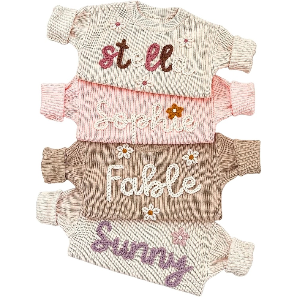image:imageNAZENTI Personalized Baby Sweater with Name Custom HandEmbroidered Knit Pullover for Newborn Infant Toddler Girl Boy OutfitMulticolories
