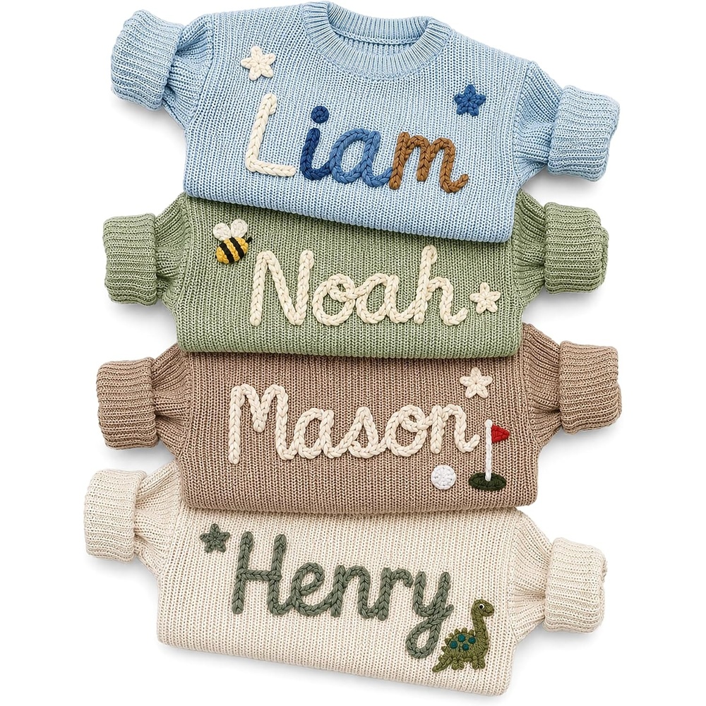 image:imageNAZENTI Personalized Baby Sweater with Name Custom HandEmbroidered Knit Pullover for Newborn Infant Toddler Girl Boy OutfitSweater Ds1