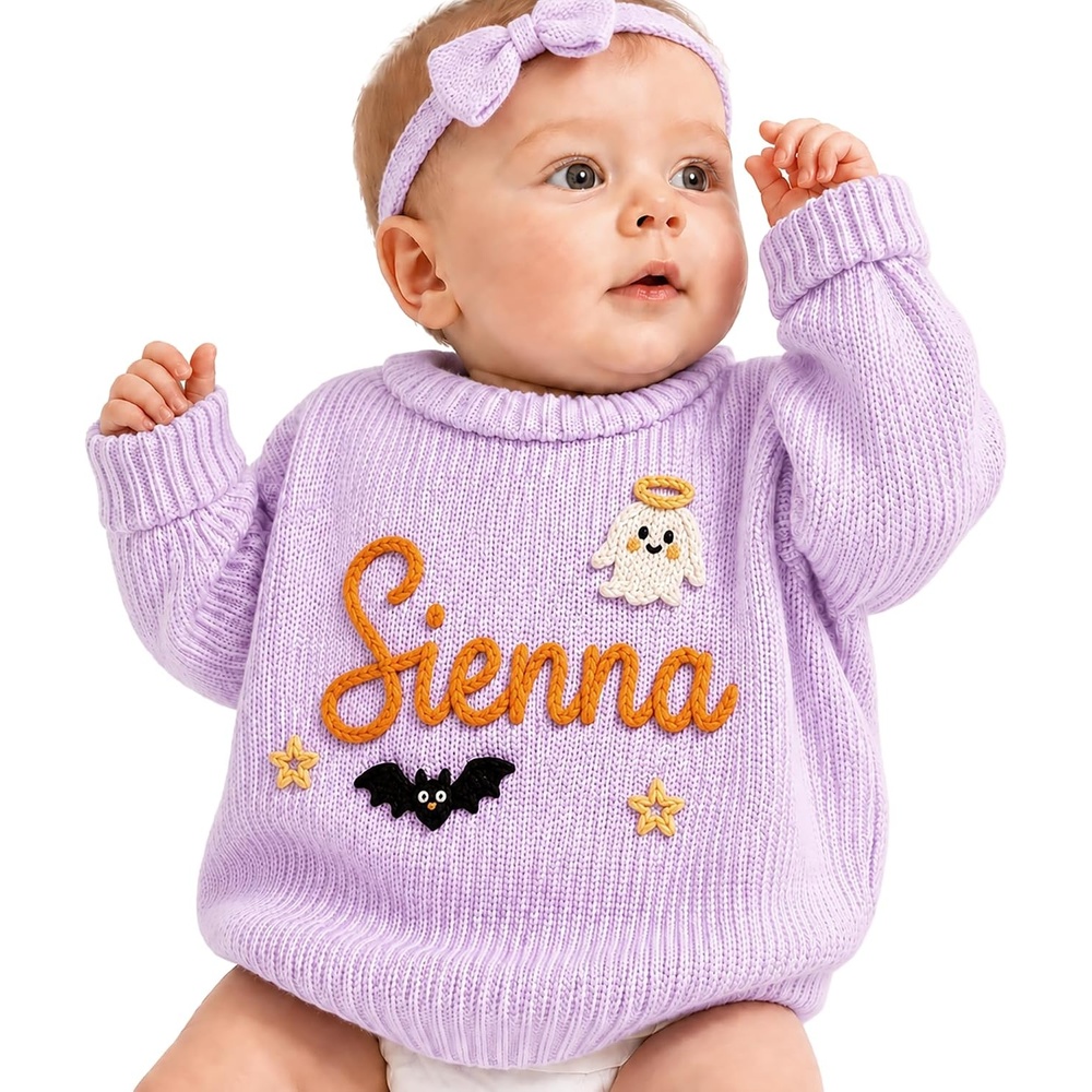 image:imageNAZENTI Personalized Baby Sweater with Name Custom HandEmbroidered Knit Pullover for Newborn Infant Toddler Girl Boy OutfitSweater Ds4Halloween