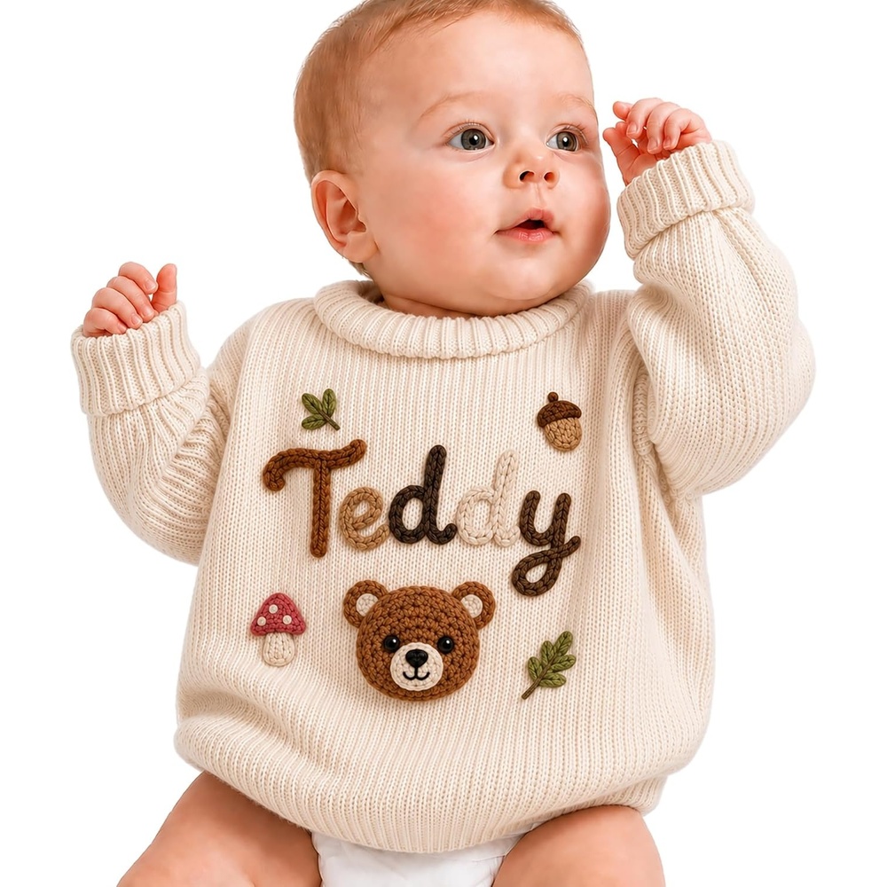 image:imageNAZENTI Personalized Baby Sweater with Name Custom HandEmbroidered Knit Pullover for Newborn Infant Toddler Girl Boy OutfitSweaterWoodland