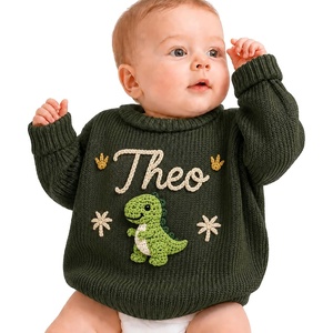 NAZENTI Personalized Baby Sweater with Name, Custom Hand-Embroidered Knit Pullover for Newborn Infant Toddler Girl Boy Outfit(Sweater/Dinosaur)